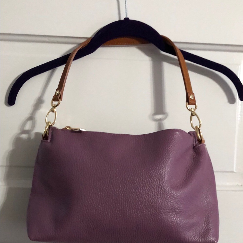 Purple and Brown Leather Shoulder Bag with Gold Hardware